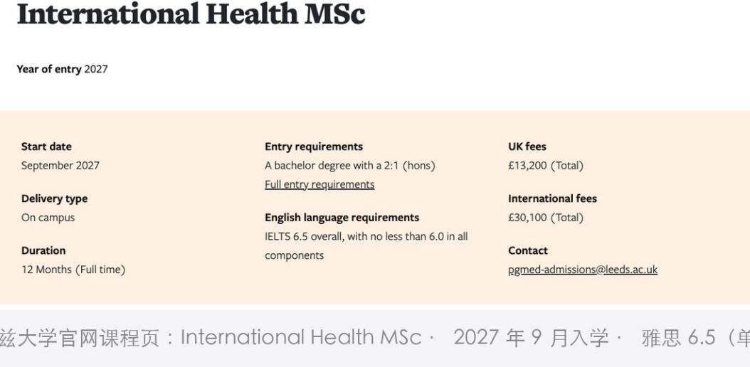 利兹大学官网课程页：International Health MSc
